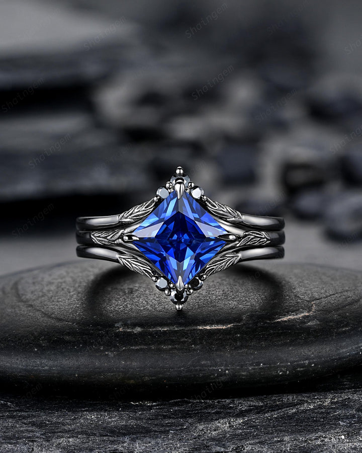 3PCS Black Gold Princess Cut Blue Sapphire Engagement Ring Set, Gothic Punk Black Rhodium Engraved Leaf Solitary Wedding Set Promise Ring - ShainJewelry