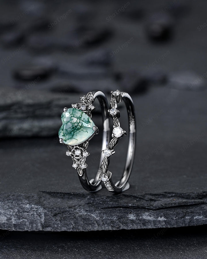 Gothic Heart Shape Moss Agate Black Leaf Engagement Ring Set, Dark Black Rhodium Twig Branch Promise Ring, Punk Vine Wedding Ring Gift her - ShainJewelry