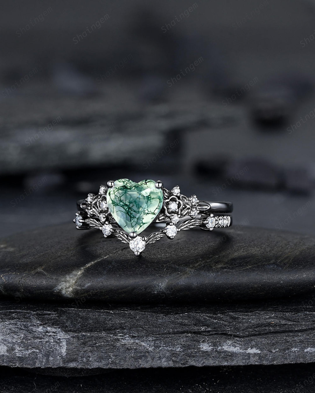 Gothic Heart Shape Moss Agate Black Leaf Engagement Ring Set, Dark Black Rhodium Twig Branch Promise Ring, Punk Vine Wedding Ring Gift her - ShainJewelry
