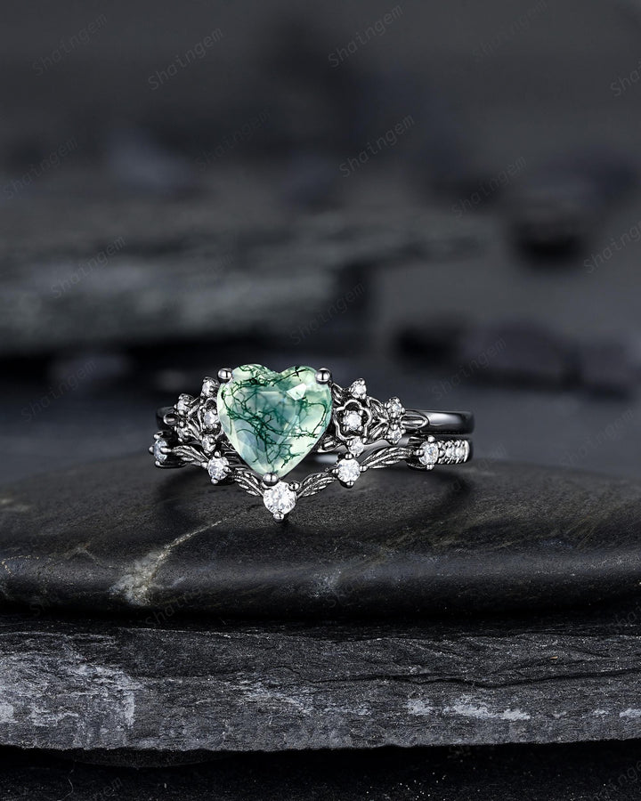 Gothic Heart Shape Moss Agate Black Leaf Engagement Ring Set, Dark Black Rhodium Twig Branch Promise Ring, Punk Vine Wedding Ring Gift her - ShainJewelry