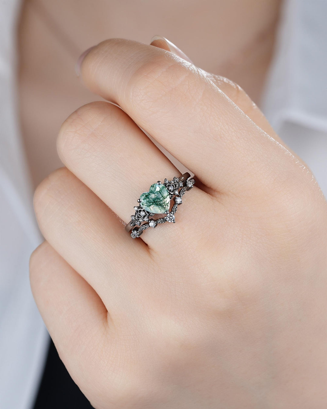 Gothic Heart Shape Moss Agate Black Leaf Engagement Ring Set, Dark Black Rhodium Twig Branch Promise Ring, Punk Vine Wedding Ring Gift her - ShainJewelry