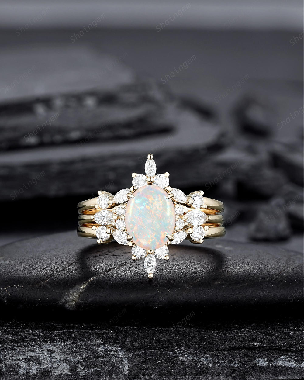 3PCS Oval Shape Natural Australian White Fire Opal Engagement Ring Set, 14K 18K Rose Gold Halo Promise Wedding Ring Anniversary Gift Woman - ShainJewelry
