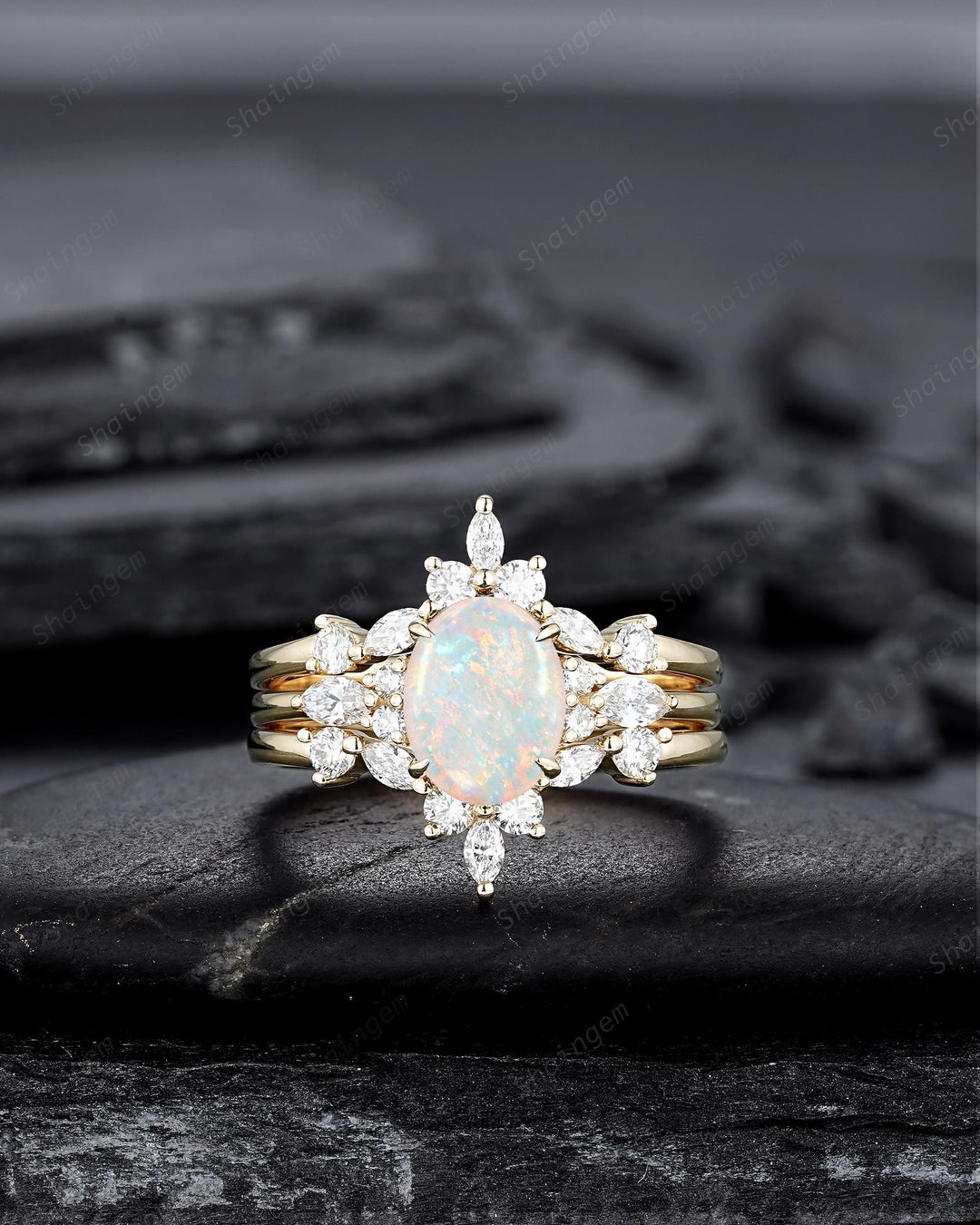3PCS Oval Shape Natural Australian White Fire Opal Engagement Ring Set, 14K 18K Rose Gold Halo Promise Wedding Ring Anniversary Gift Woman - ShainJewelry