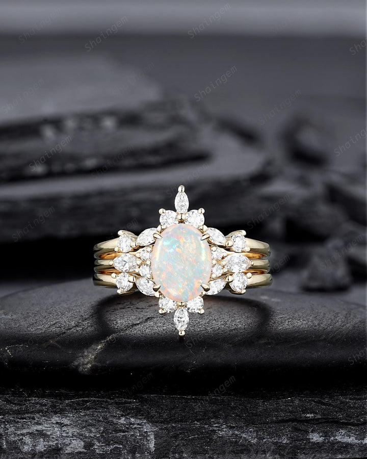3PCS Oval Shape Natural Australian White Fire Opal Engagement Ring Set, 14K 18K Rose Gold Halo Promise Wedding Ring Anniversary Gift Woman - ShainJewelry