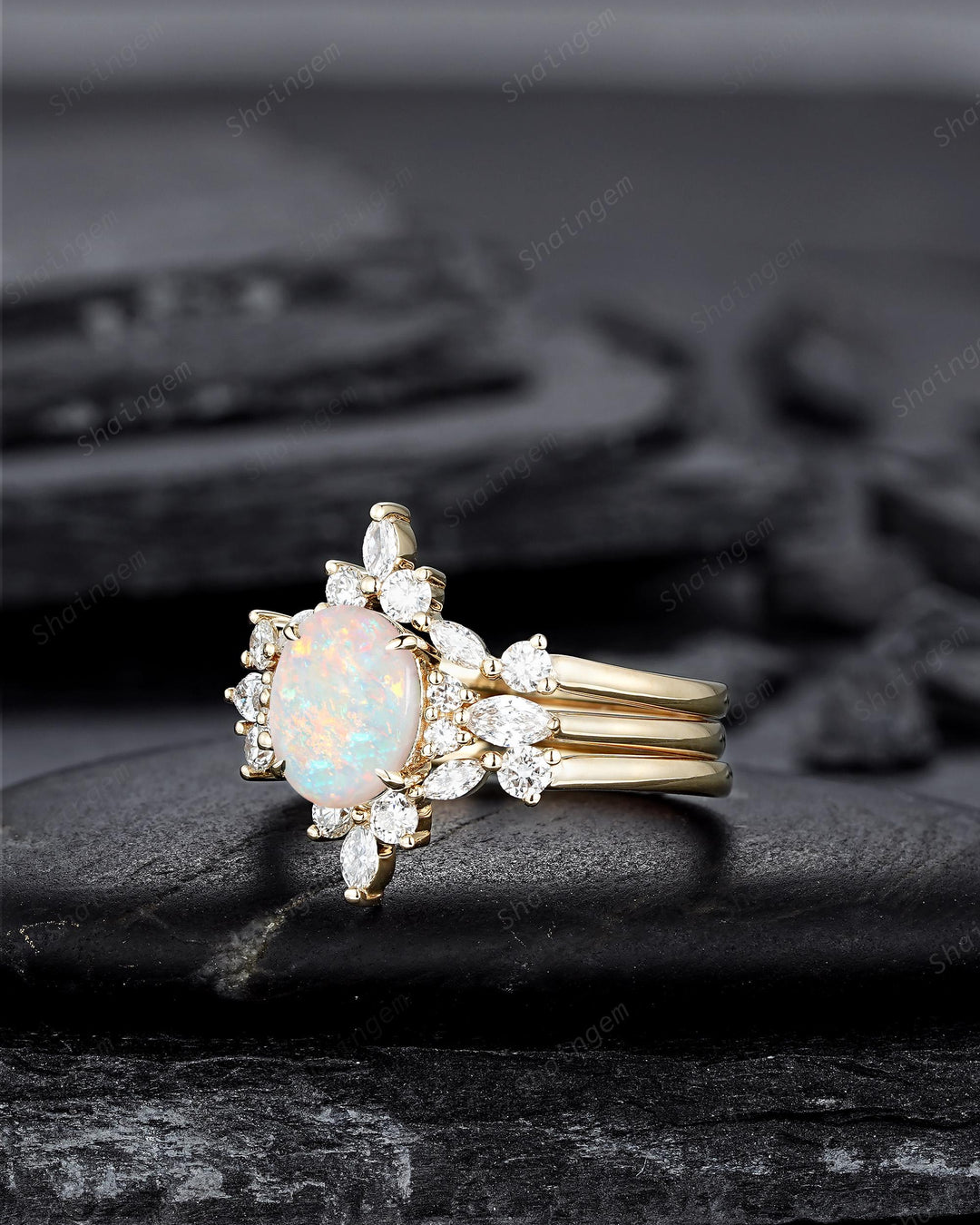 3PCS Oval Shape Natural Australian White Fire Opal Engagement Ring Set, 14K 18K Rose Gold Halo Promise Wedding Ring Anniversary Gift Woman - ShainJewelry