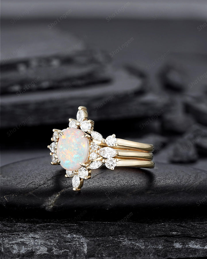 3PCS Oval Shape Natural Australian White Fire Opal Engagement Ring Set, 14K 18K Rose Gold Halo Promise Wedding Ring Anniversary Gift Woman - ShainJewelry