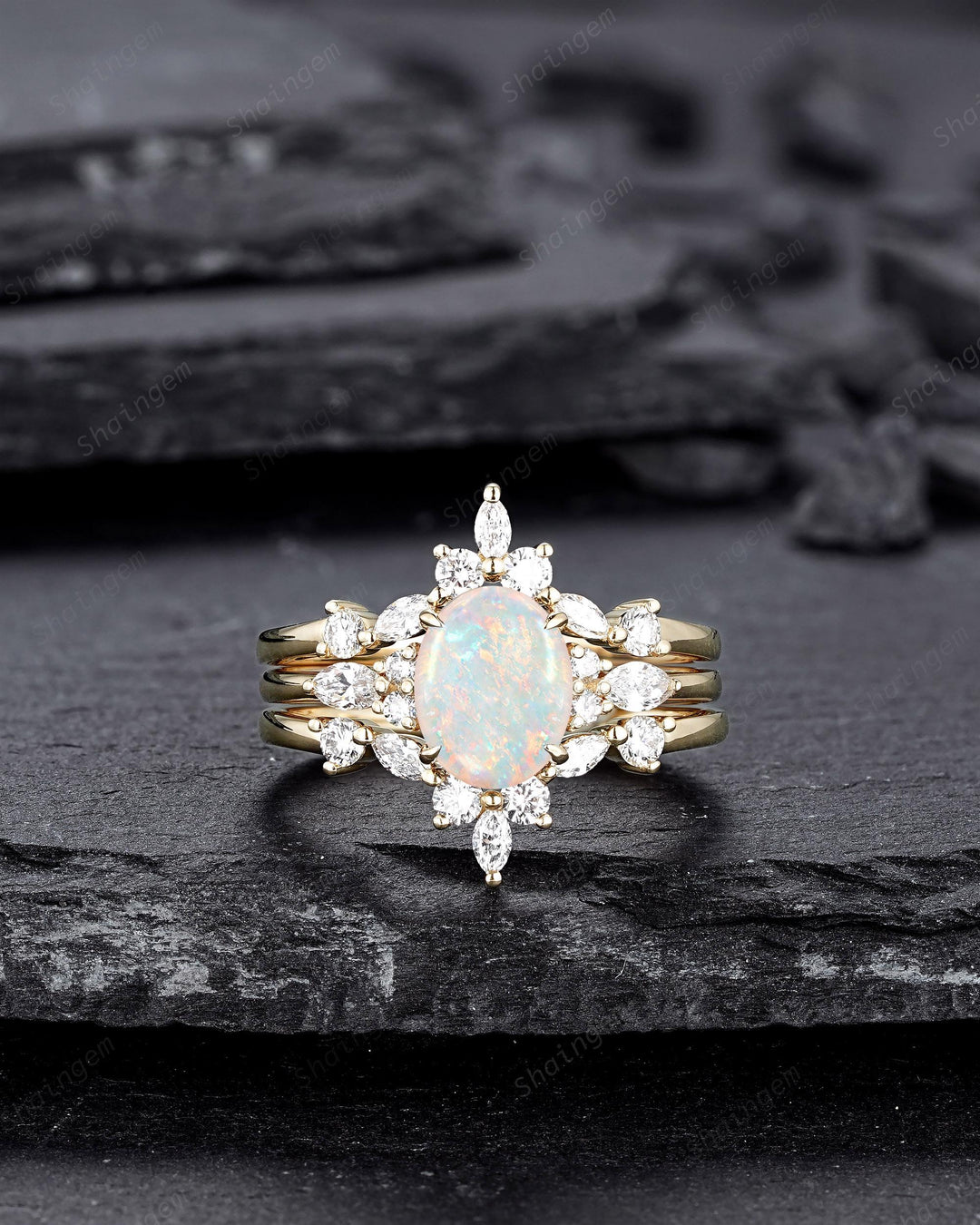 3PCS Oval Shape Natural Australian White Fire Opal Engagement Ring Set, 14K 18K Rose Gold Halo Promise Wedding Ring Anniversary Gift Woman - ShainJewelry