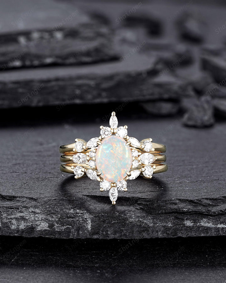 3PCS Oval Shape Natural Australian White Fire Opal Engagement Ring Set, 14K 18K Rose Gold Halo Promise Wedding Ring Anniversary Gift Woman - ShainJewelry