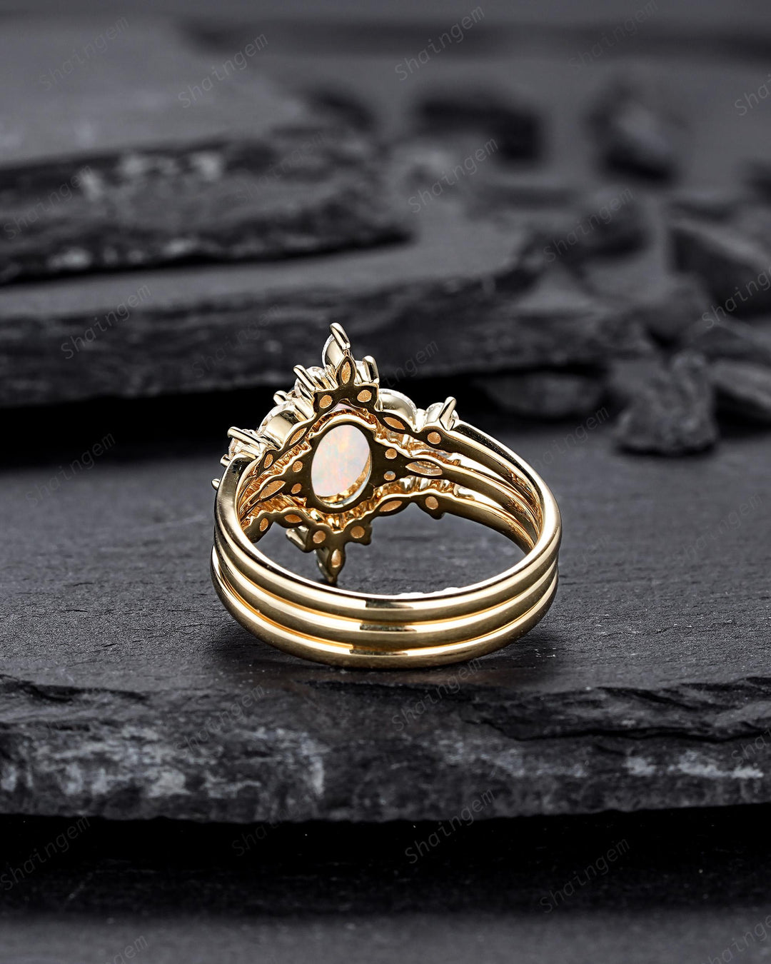 3PCS Oval Shape Natural Australian White Fire Opal Engagement Ring Set, 14K 18K Rose Gold Halo Promise Wedding Ring Anniversary Gift Woman - ShainJewelry