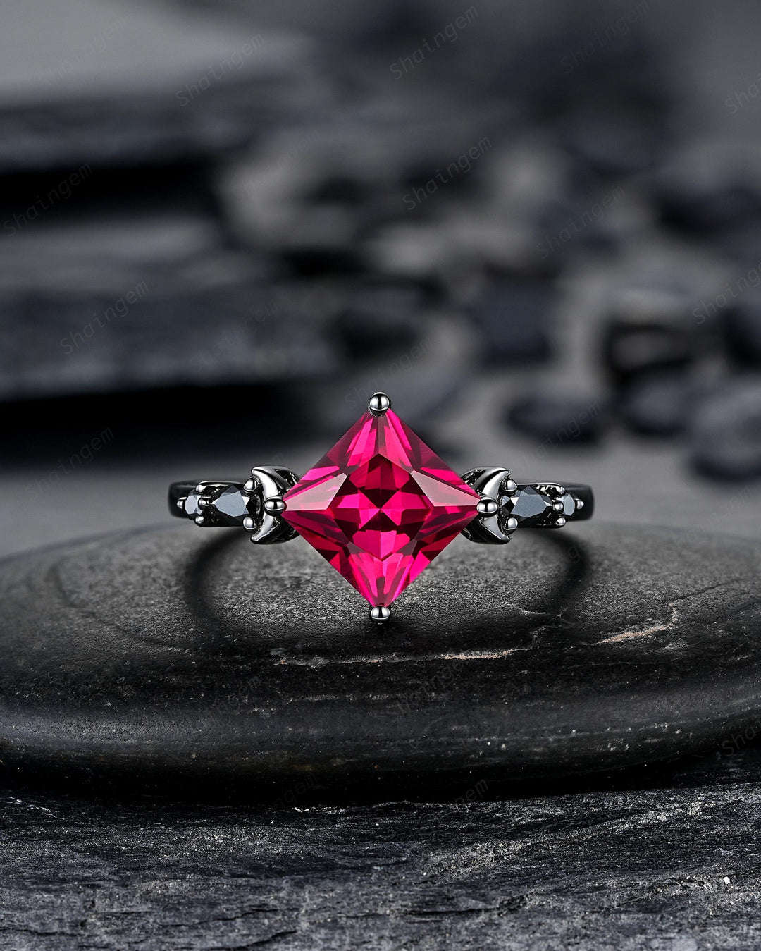 3PCS Gothic Black Gold Princess Cut Ruby Crescent Engagement Ring Unique Goth Black Rhodium Moon Wedding Set Dark Promise Ring Gift Women - ShainJewelry