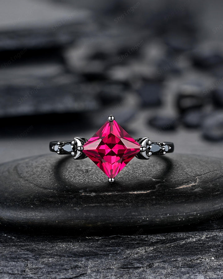 3PCS Gothic Black Gold Princess Cut Ruby Crescent Engagement Ring Unique Goth Black Rhodium Moon Wedding Set Dark Promise Ring Gift Women - ShainJewelry