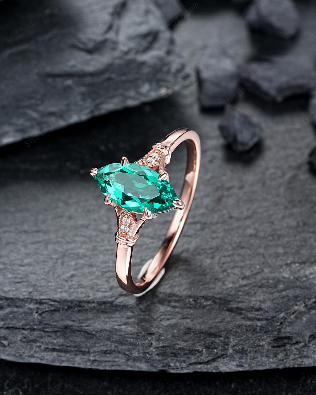 Vintage Marquise Cut Emerald Engagement Ring, Unique May Birthstone Wedding Ring, Dainty Milgrain Rose Gold Promise Ring Gift for Women - ShainJewelry