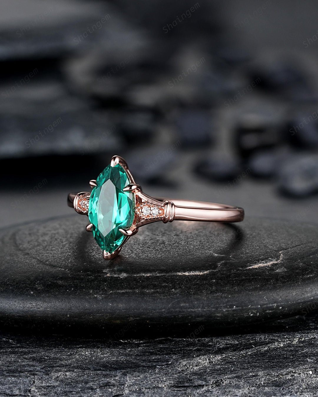 Vintage Marquise Cut Emerald Engagement Ring, Unique May Birthstone Wedding Ring, Dainty Milgrain Rose Gold Promise Ring Gift for Women - ShainJewelry