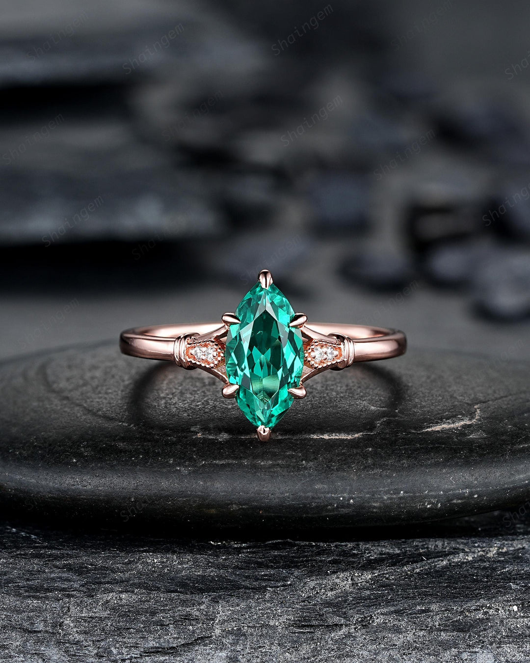 Vintage Marquise Cut Emerald Engagement Ring, Unique May Birthstone Wedding Ring, Dainty Milgrain Rose Gold Promise Ring Gift for Women - ShainJewelry