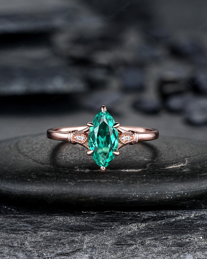 Vintage Marquise Cut Emerald Engagement Ring, Unique May Birthstone Wedding Ring, Dainty Milgrain Rose Gold Promise Ring Gift for Women - ShainJewelry