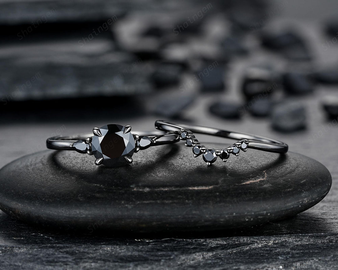 Gothic Black Gold Round Shape Black Moissanite Engagement Ring, Rhodium Black Wedding Ring Unique Witchy Dark Bridal Set, Black Promise Ring - ShainJewelry