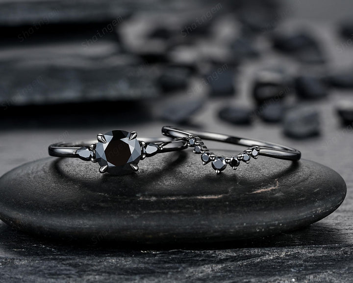 Gothic Black Gold Round Shape Black Moissanite Engagement Ring, Rhodium Black Wedding Ring Unique Witchy Dark Bridal Set, Black Promise Ring - ShainJewelry