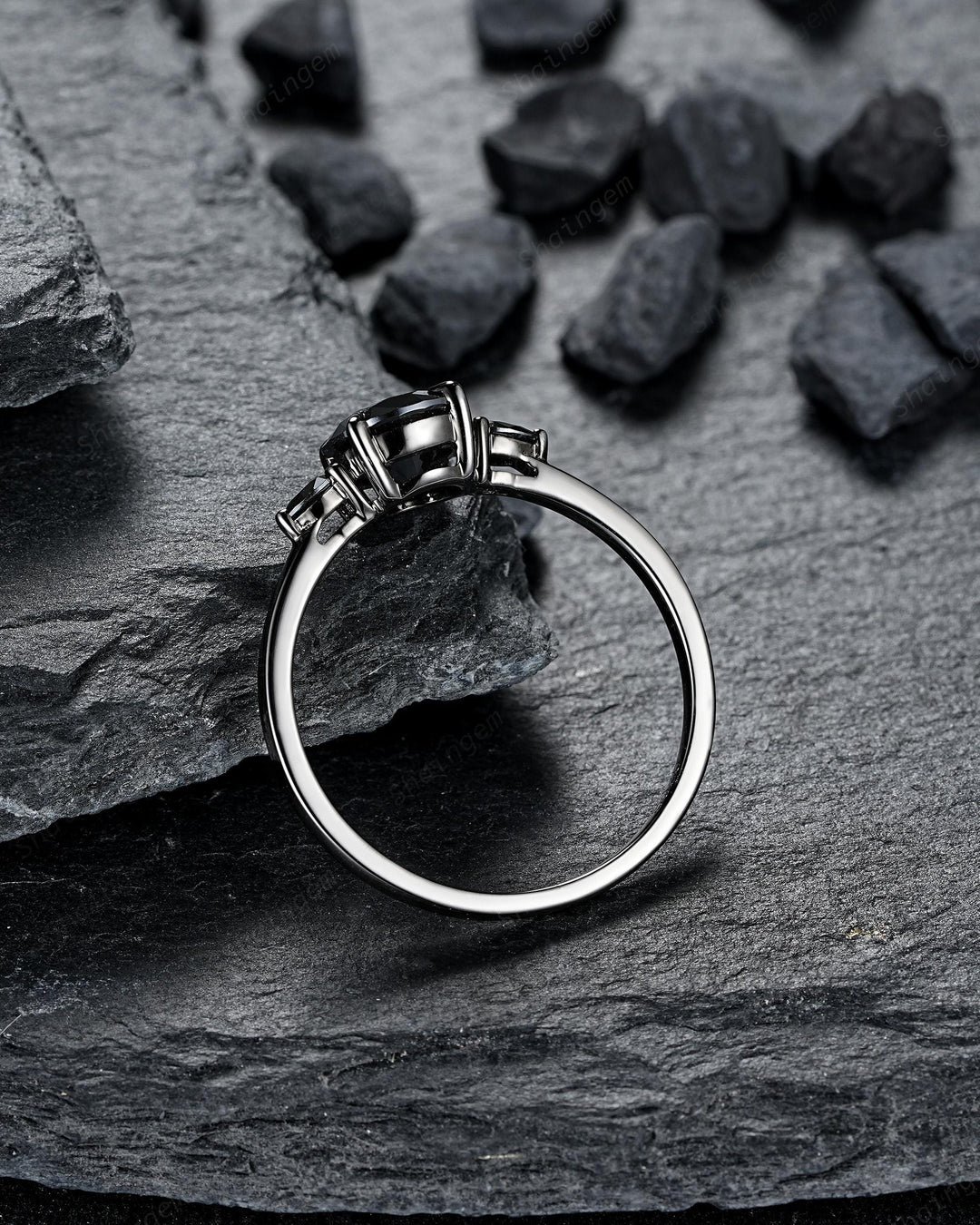 Gothic Black Gold Round Shape Black Moissanite Engagement Ring, Rhodium Black Wedding Ring Unique Witchy Dark Bridal Set, Black Promise Ring - ShainJewelry