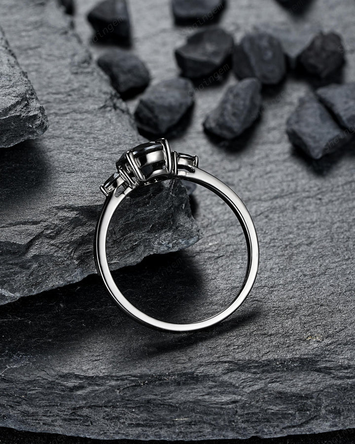 Gothic Black Gold Round Shape Black Moissanite Engagement Ring, Rhodium Black Wedding Ring Unique Witchy Dark Bridal Set, Black Promise Ring - ShainJewelry