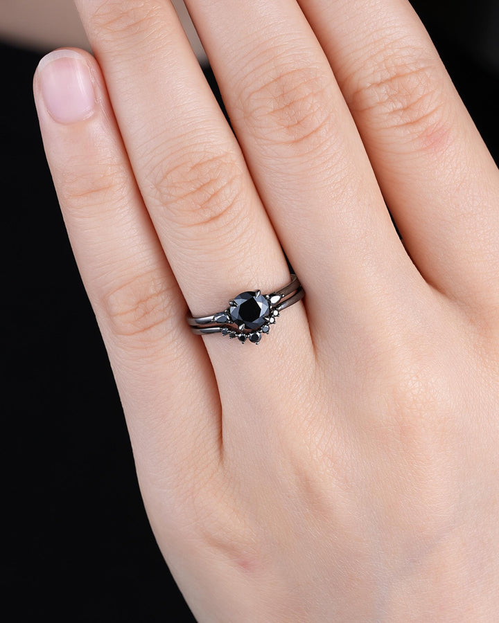 Gothic Black Gold Round Shape Black Moissanite Engagement Ring, Rhodium Black Wedding Ring Unique Witchy Dark Bridal Set, Black Promise Ring - ShainJewelry