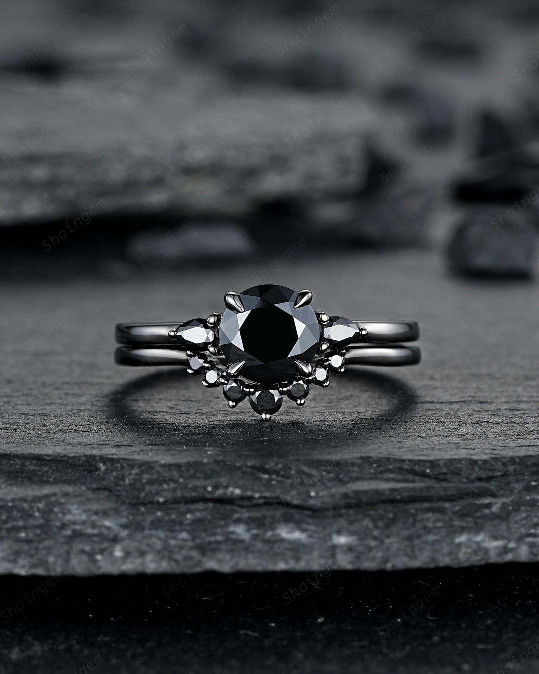 Gothic Black Gold Round Shape Black Moissanite Engagement Ring, Rhodium Black Wedding Ring Unique Witchy Dark Bridal Set, Black Promise Ring - ShainJewelry
