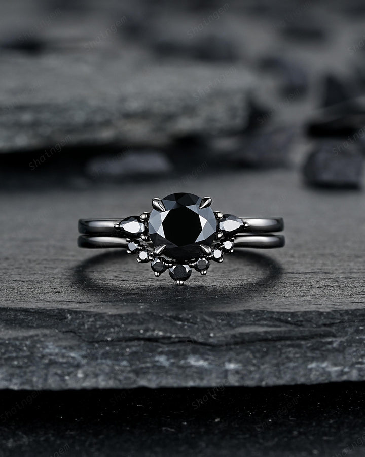 Gothic Black Gold Round Shape Black Moissanite Engagement Ring, Rhodium Black Wedding Ring Unique Witchy Dark Bridal Set, Black Promise Ring - ShainJewelry