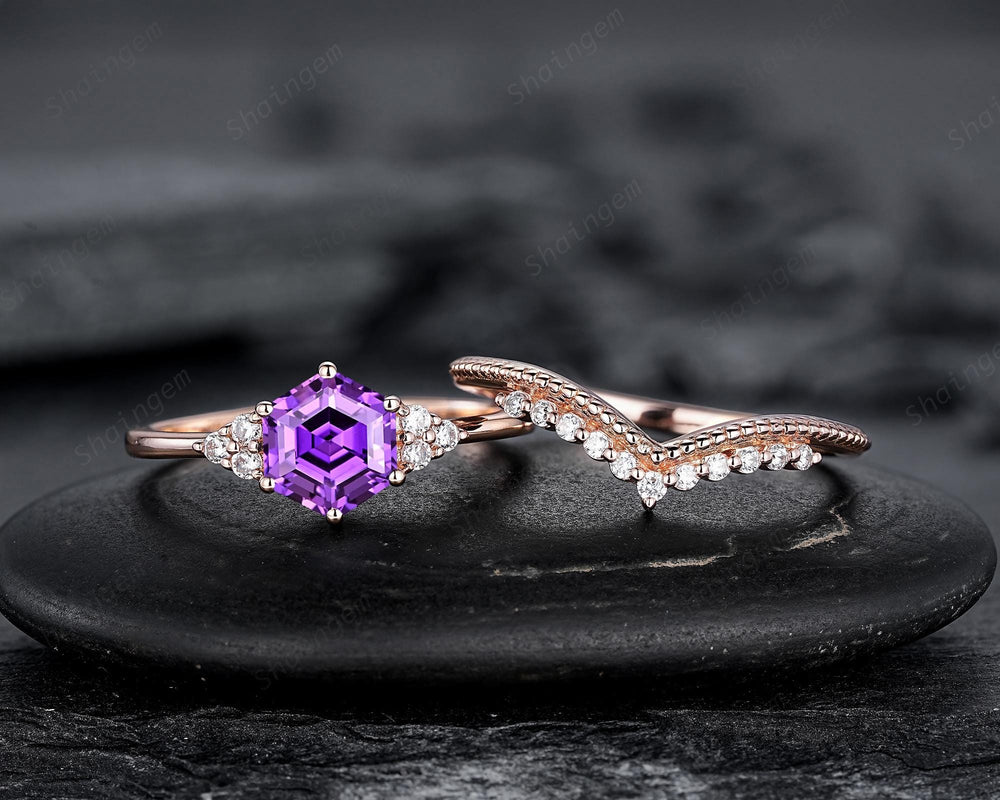 Hexagon Cut Purple Sapphire Milgrain Engagement Ring Set, Unique 14K Rose Gold Chevron Bridal Set, Curved Promise Wedding Ring Set for Women - ShainJewelry