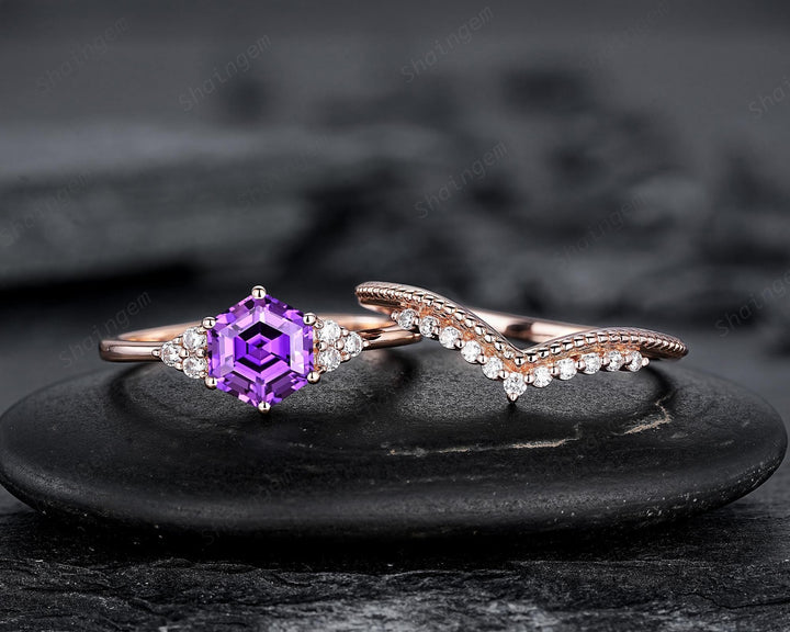 Hexagon Cut Purple Sapphire Milgrain Engagement Ring Set, Unique 14K Rose Gold Chevron Bridal Set, Curved Promise Wedding Ring Set for Women - ShainJewelry