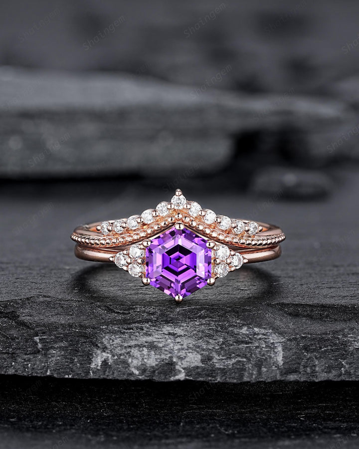 Hexagon Cut Purple Sapphire Milgrain Engagement Ring Set, Unique 14K Rose Gold Chevron Bridal Set, Curved Promise Wedding Ring Set for Women - ShainJewelry