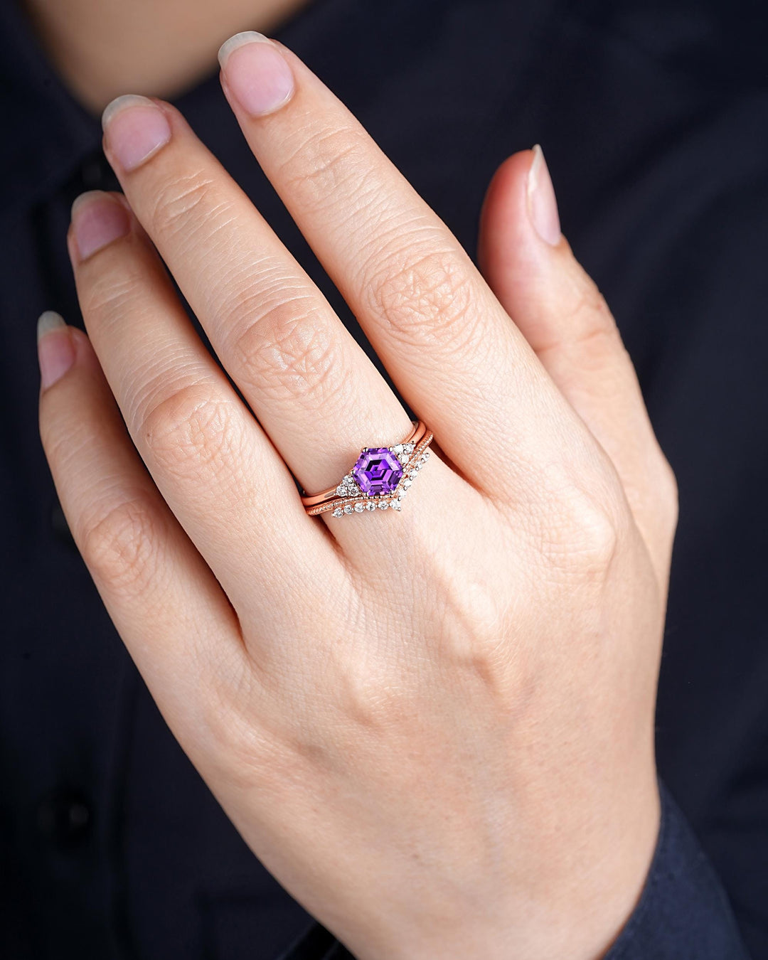 Hexagon Cut Purple Sapphire Milgrain Engagement Ring Set, Unique 14K Rose Gold Chevron Bridal Set, Curved Promise Wedding Ring Set for Women - ShainJewelry
