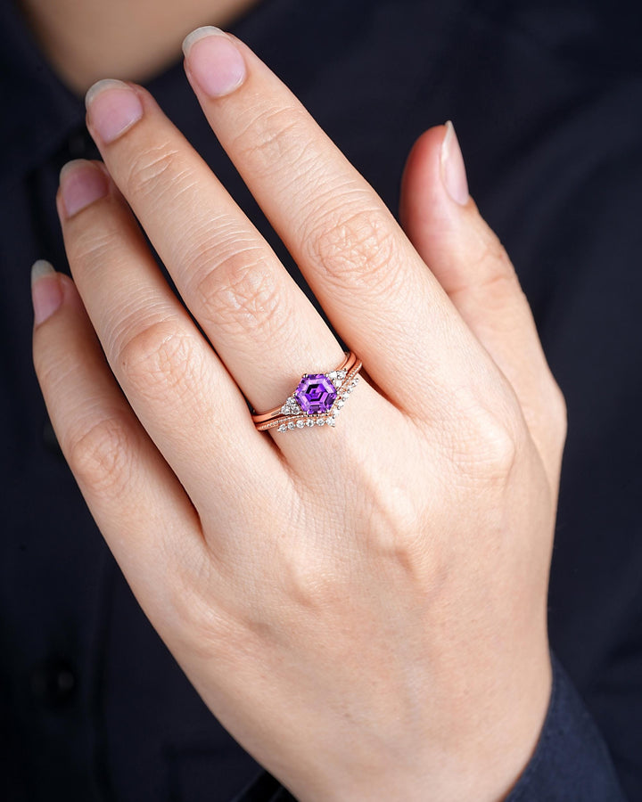 Hexagon Cut Purple Sapphire Milgrain Engagement Ring Set, Unique 14K Rose Gold Chevron Bridal Set, Curved Promise Wedding Ring Set for Women - ShainJewelry