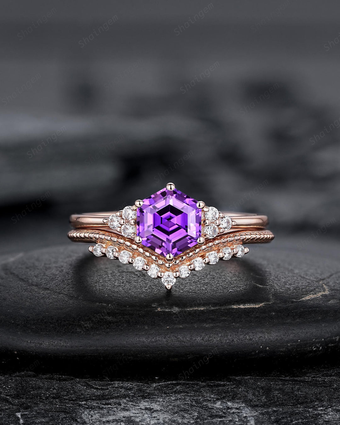 Hexagon Cut Purple Sapphire Milgrain Engagement Ring Set, Unique 14K Rose Gold Chevron Bridal Set, Curved Promise Wedding Ring Set for Women - ShainJewelry