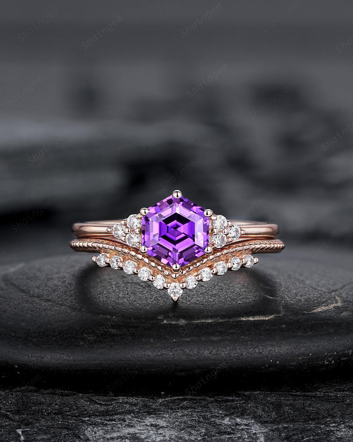Hexagon Cut Purple Sapphire Milgrain Engagement Ring Set, Unique 14K Rose Gold Chevron Bridal Set, Curved Promise Wedding Ring Set for Women - ShainJewelry