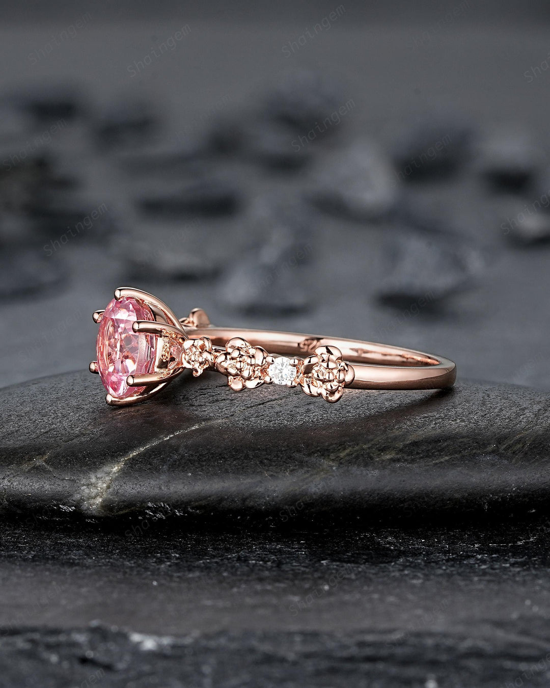 Unique Nature Inspired Round Shape Pink Sapphire Engagement Ring, Vintage Rose Flower Wedding Ring, Rose Gold Floral Promise Ring Gift Women - ShainJewelry