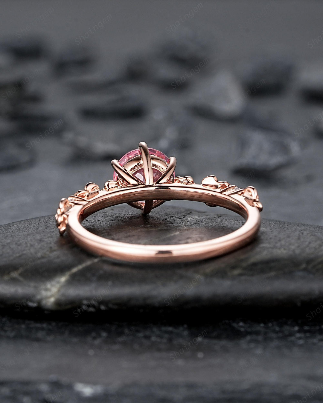 Unique Nature Inspired Round Shape Pink Sapphire Engagement Ring, Vintage Rose Flower Wedding Ring, Rose Gold Floral Promise Ring Gift Women - ShainJewelry