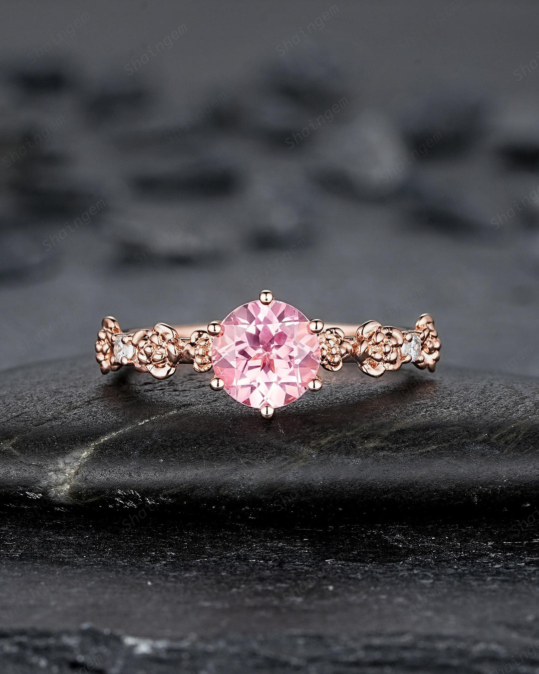 Unique Nature Inspired Round Shape Pink Sapphire Engagement Ring, Vintage Rose Flower Wedding Ring, Rose Gold Floral Promise Ring Gift Women - ShainJewelry