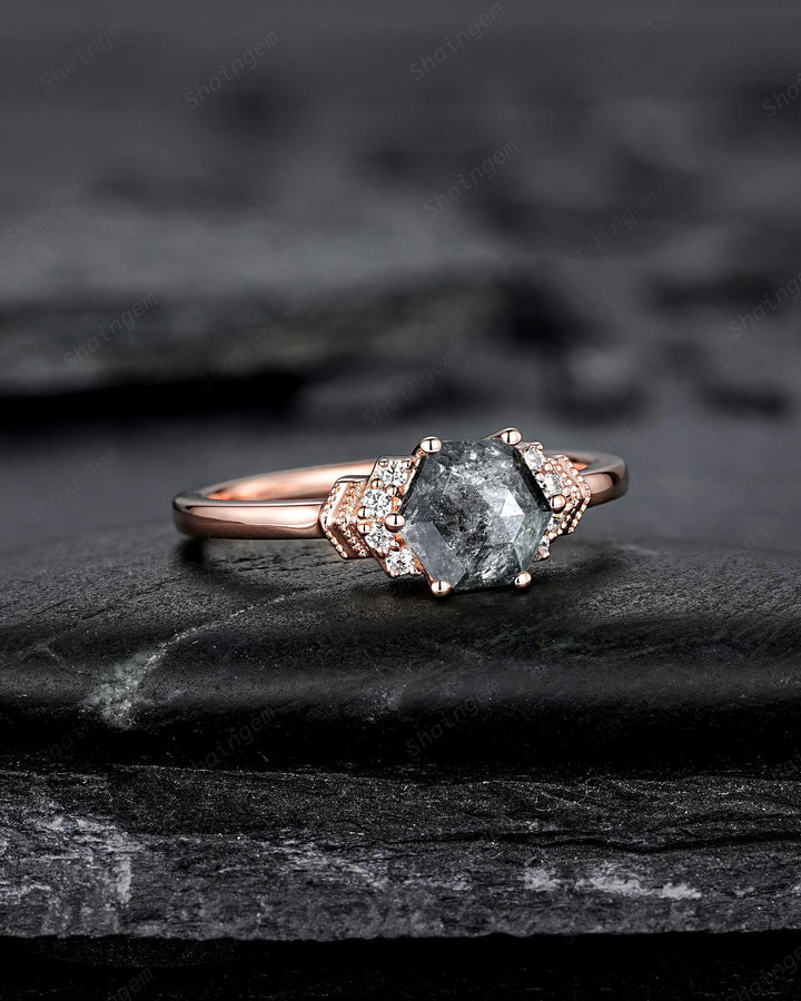 Natural Hexagon Salt and Pepper Diamond Engagement Ring Unique Solid Rose Gold Black Diamond Promise Ring, Gray Diamond Wedding Ring for her - ShainJewelry