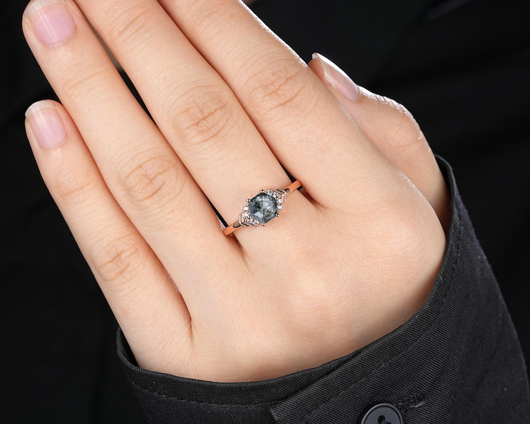 Natural Hexagon Salt and Pepper Diamond Engagement Ring Unique Solid Rose Gold Black Diamond Promise Ring, Gray Diamond Wedding Ring for her - ShainJewelry