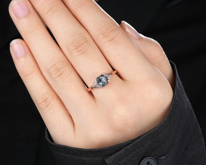 Natural Hexagon Salt and Pepper Diamond Engagement Ring Unique Solid Rose Gold Black Diamond Promise Ring, Gray Diamond Wedding Ring for her - ShainJewelry