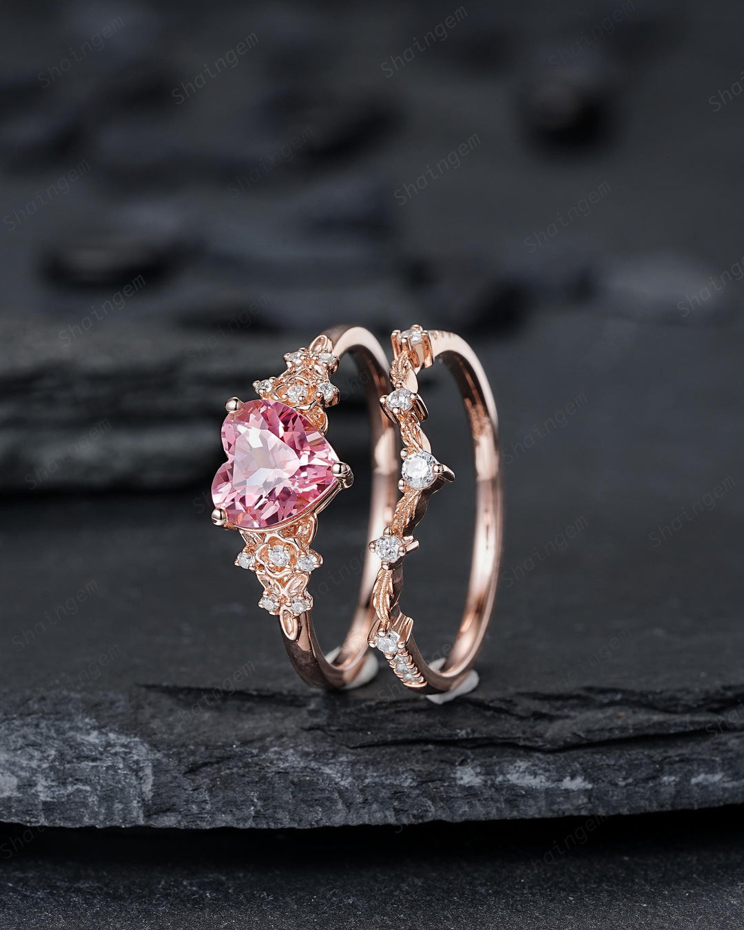 Vintage Heart Shape Padparadscha Pink Sapphire Floral Engagement Ring, Rose Gold Vine Leaf Wedding Set, Nature Inspired Flower Promise Ring - ShainJewelry