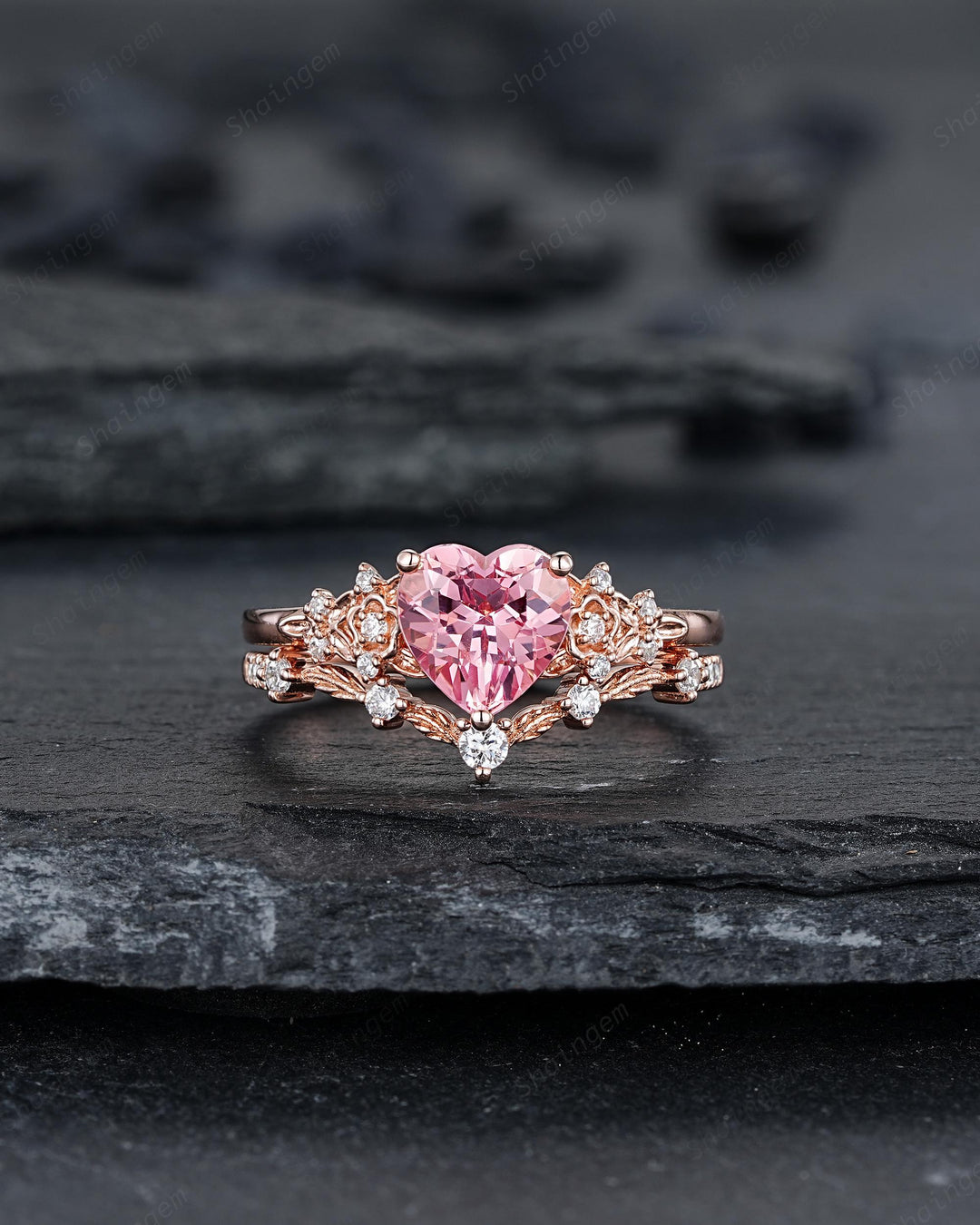 Vintage Heart Shape Padparadscha Pink Sapphire Floral Engagement Ring, Rose Gold Vine Leaf Wedding Set, Nature Inspired Flower Promise Ring - ShainJewelry