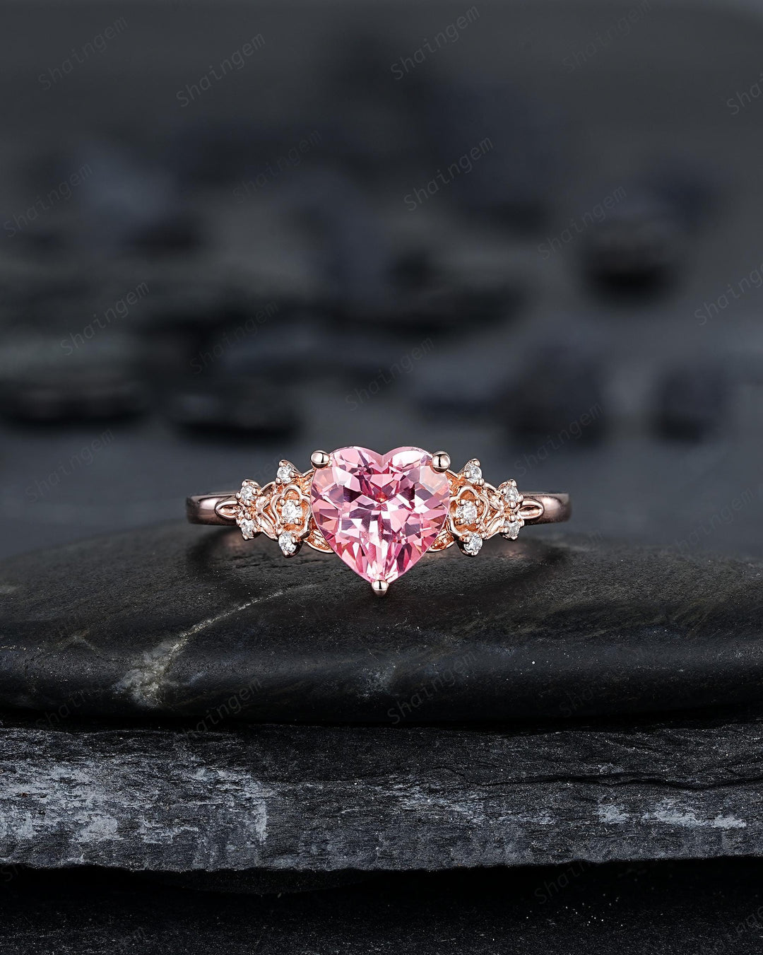 Vintage Heart Shape Padparadscha Pink Sapphire Floral Engagement Ring, Rose Gold Vine Leaf Wedding Set, Nature Inspired Flower Promise Ring - ShainJewelry