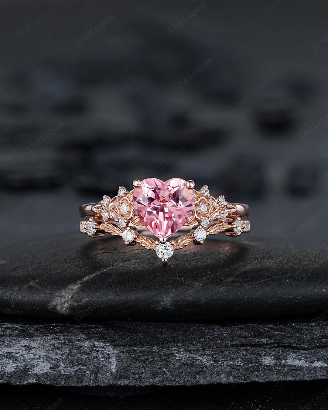 Vintage Heart Shape Padparadscha Pink Sapphire Floral Engagement Ring, Rose Gold Vine Leaf Wedding Set, Nature Inspired Flower Promise Ring - ShainJewelry
