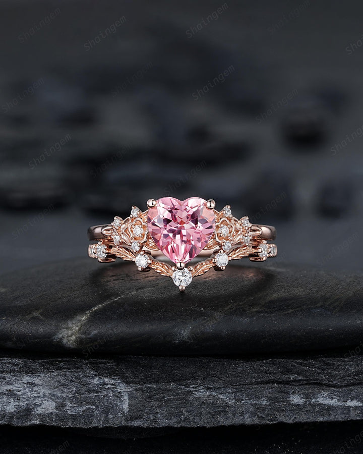 Vintage Heart Shape Padparadscha Pink Sapphire Floral Engagement Ring, Rose Gold Vine Leaf Wedding Set, Nature Inspired Flower Promise Ring - ShainJewelry