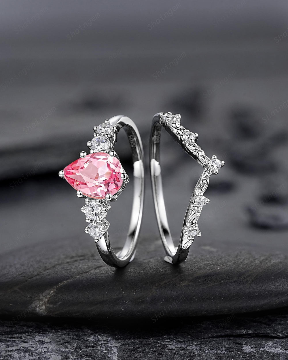 Platinum Pear Shape Padparadscha Pink Sapphire Leaf Engagement Ring, White Gold Five Stone Wedding Set, Nature Inspired Promise Ring Women - ShainJewelry