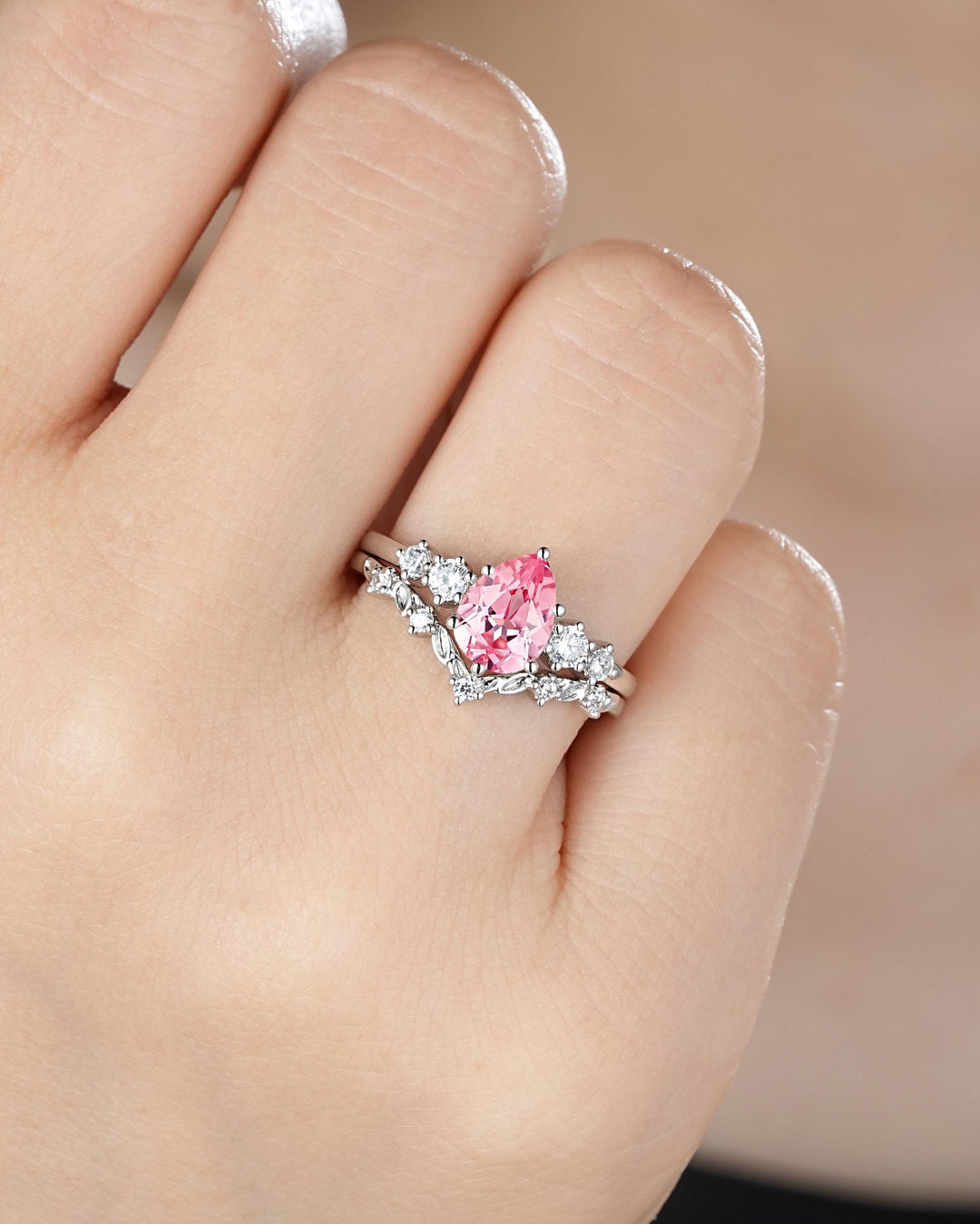 Platinum Pear Shape Padparadscha Pink Sapphire Leaf Engagement Ring, White Gold Five Stone Wedding Set, Nature Inspired Promise Ring Women - ShainJewelry