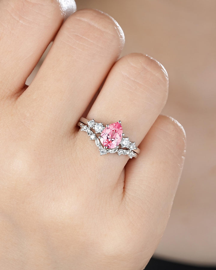 Platinum Pear Shape Padparadscha Pink Sapphire Leaf Engagement Ring, White Gold Five Stone Wedding Set, Nature Inspired Promise Ring Women - ShainJewelry