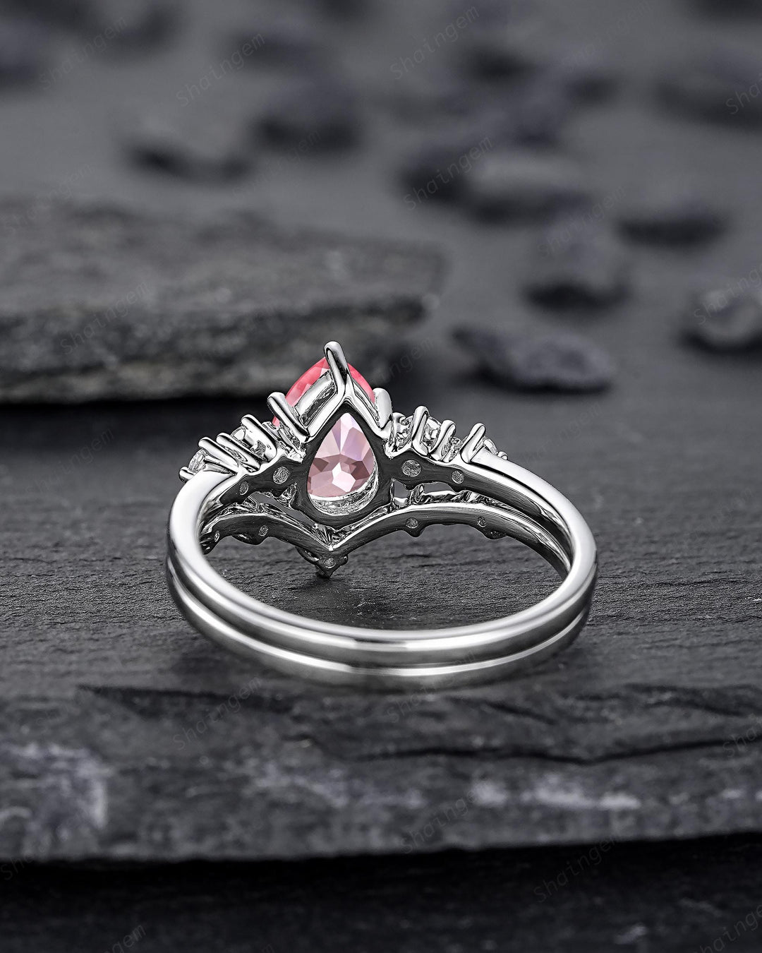 Platinum Pear Shape Padparadscha Pink Sapphire Leaf Engagement Ring, White Gold Five Stone Wedding Set, Nature Inspired Promise Ring Women - ShainJewelry