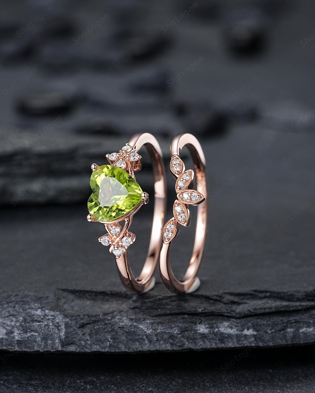 Vintage Heart Shape Natural Peridot Diamond Engagement Ring Set, Unique Rose Gold Floral Cluster Love Promise Ring Anniversary Gift Woman - ShainJewelry