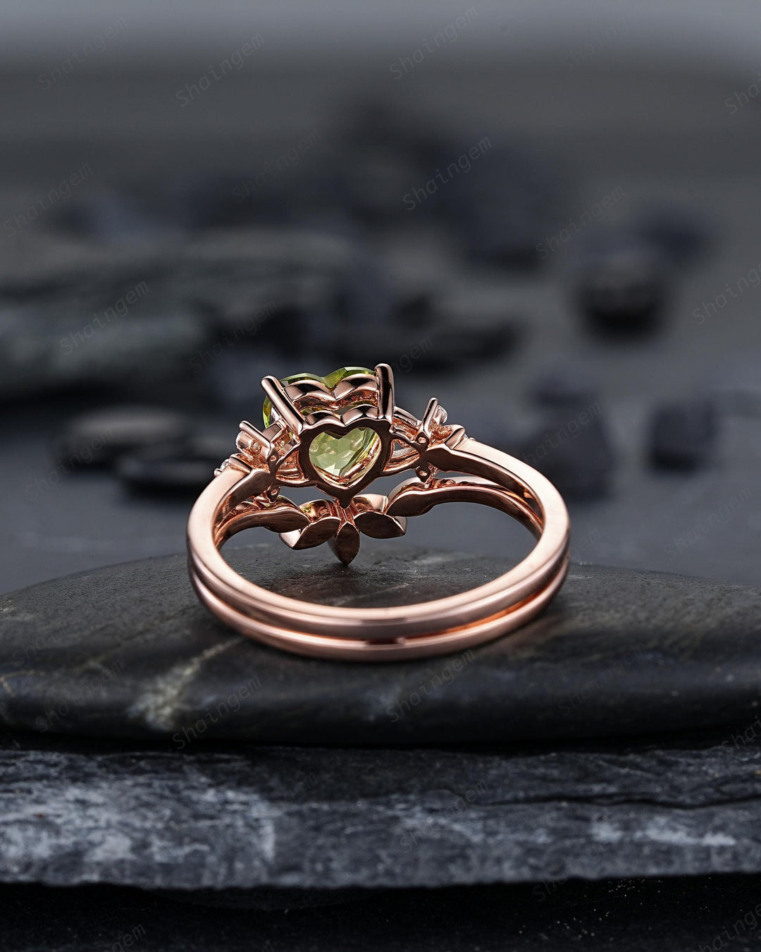 Vintage Heart Shape Natural Peridot Diamond Engagement Ring Set, Unique Rose Gold Floral Cluster Love Promise Ring Anniversary Gift Woman - ShainJewelry